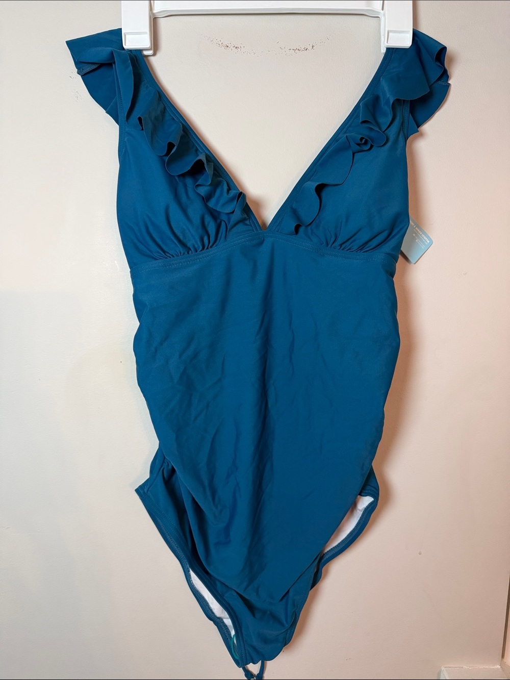 Teal Ruffled One-Piece Maternity Swimsuit. Size Small